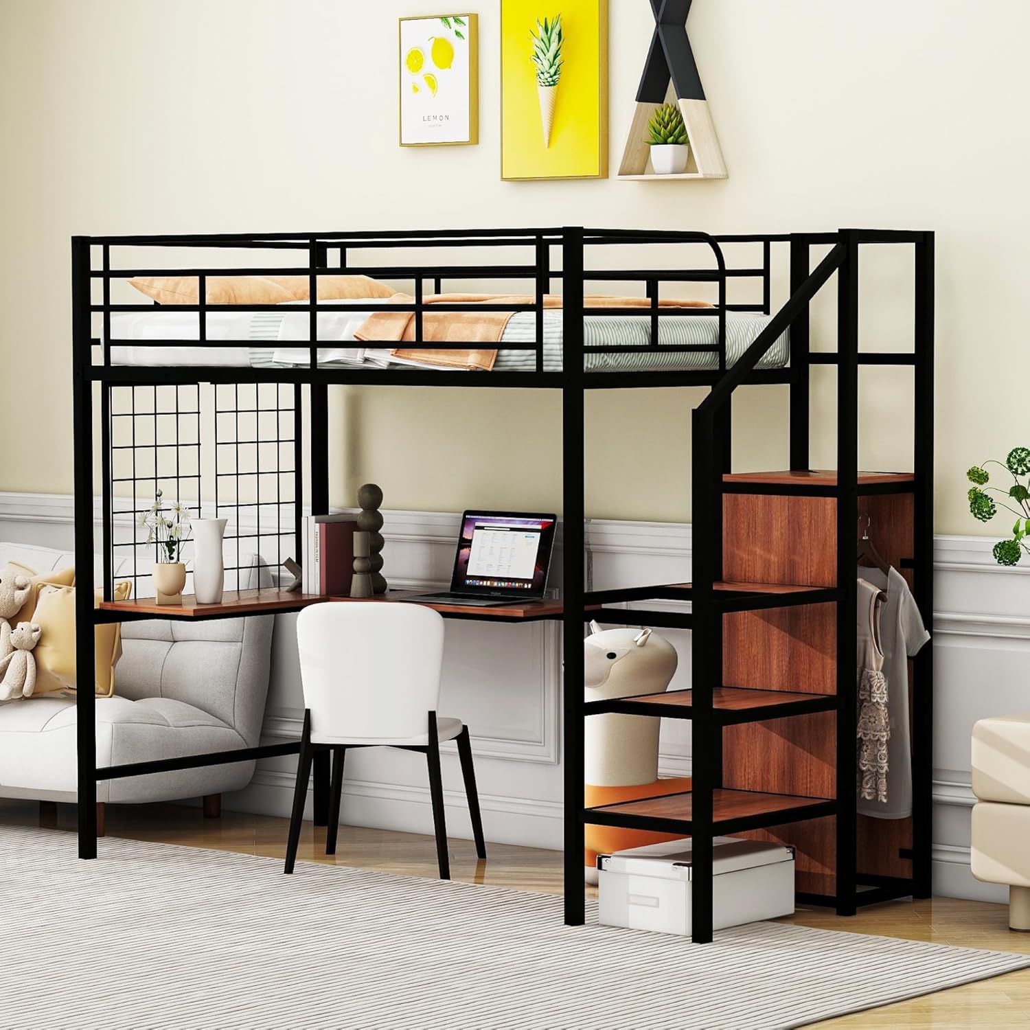 Black Twin Metal Loft Bed W/Desk Lateral Storage Ladder Wardrobe Glam Modern Contemporary Unisex Space MDF Finish Handmade Headboard Included - Image 4