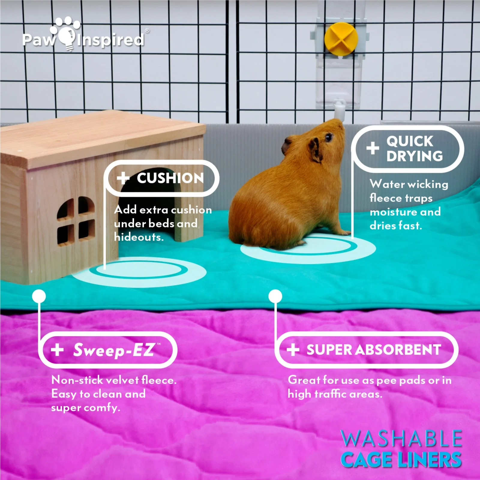 2ct Paw Inspired Guinea Pig Cage Liners | Washable Fleece Bedding or Small Animal Bed Mat for Guinea Pigs, Ferrets, Rabbits, Hamsters | Absorbent Pee Pad with Waterproof Bottom (C&C 2X1, Pink) - Image 6